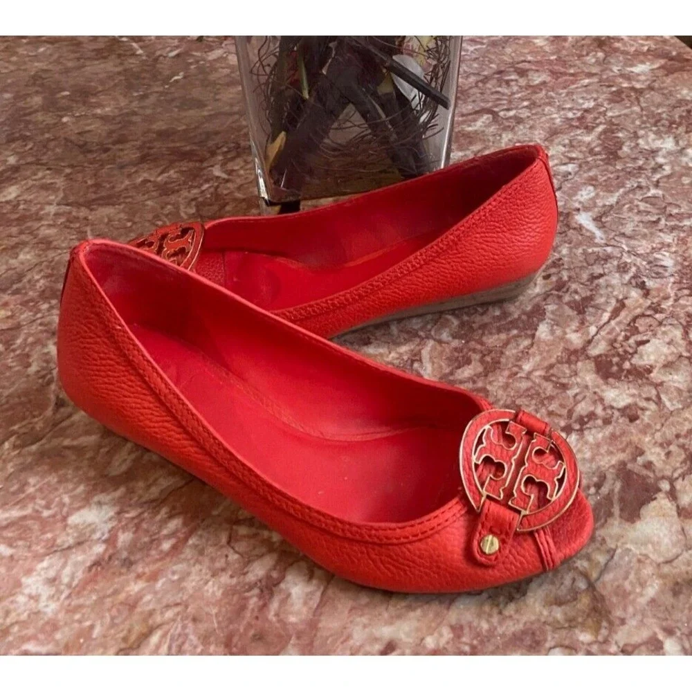 Tory Burch Amanda Orange Red Leather Open Toe Wedge Heel Shoes 10M ‎ EUC! $278